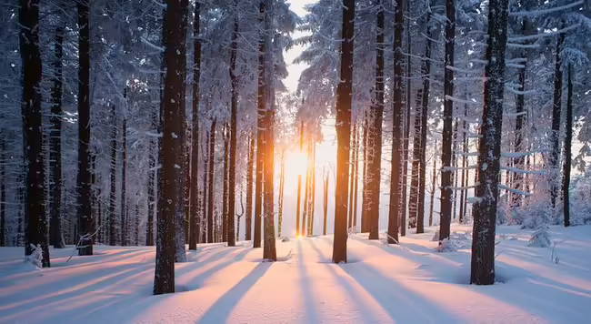 sunset shining through snowy forest